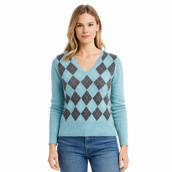 Apt. 9 Sweaters - Apt. 9 V-Neck Sweater - Light Blue and Dark Gray Argyle
